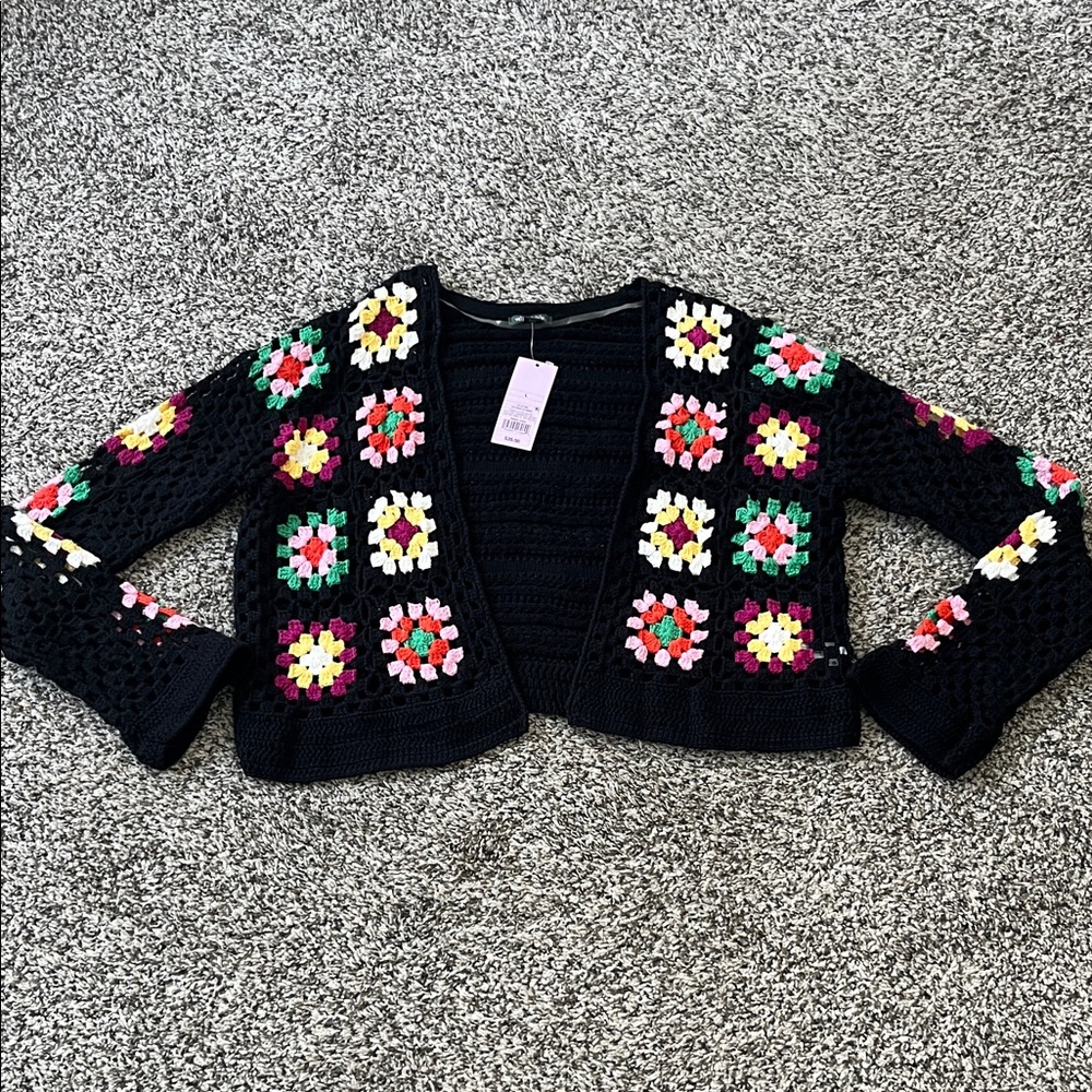 wild fable Black Crochet Granny Square Cardigan with Multicolor Accents NWT